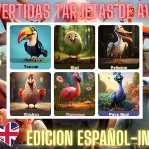 48 Fun Montessori style Bird Learning Cards. Flashcards bilingual edition