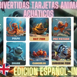 48 Fun Montessori-style Aquatic Animals Learning Cards. Flashcards bilingual edition