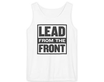 Camiseta sin mangas "Lead From The Front" / Tipografía motivacional, camiseta de liderazgo