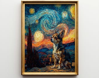 Canvaskunst Chihuahua Sterrennacht - hond Van Gogh Poster cadeau