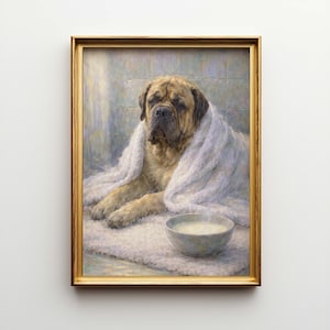 May include: A framed painting of a large dog, wrapped in a white towel, resting on a fluffy white rug. A small bowl of liquid sits in front of the dog. The painting has a gold frame.