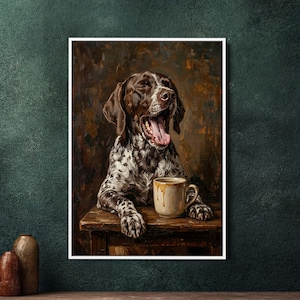 May include: A framed painting of a yawning German Shorthaired Pointer with brown and white spotted fur. The dog rests its paws on a wooden table, next to a beige mug with coffee. The background has a dark, textured appearance.