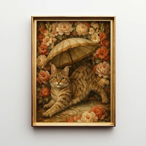 May include: A framed painting of a tabby cat under a small parasol, surrounded by peach and cream-colored flowers. The cat is stretched out, looking directly at the viewer. The painting has a vintage, classical style with a gold frame.