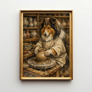 May include: A framed painting depicts a Sheltie dog wearing an apron, crafting pottery at a wheel. The dog is surrounded by shelves of ceramic vases and bowls. The artwork has a warm color palette with gold accents.