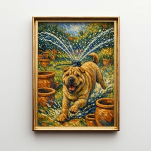 Pode incluir: Pintura emoldurada de um cão Shar Pei correndo sob um aspersor em um jardim. O cão é marrom claro e sorri. A pintura tem uma moldura dourada e apresenta vasos de terracota e vegetação.