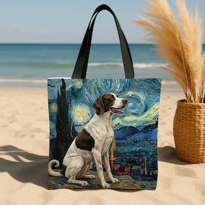 May include: Tote bag featuring a painting of a dog in the style of Van Gogh's "Starry Night." The dog is brown and white, set against a swirling blue and yellow night sky. The bag has black handles.