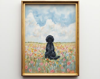 Portuguese Water Dog Flower Field Canvas Art - Dog Memorial Poster Gift
