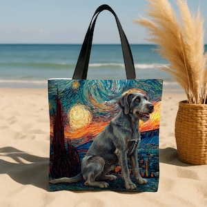 May include: A tote bag featuring a painting of a dog in the style of Van Gogh's "Starry Night." The dog is gray and tan, set against a swirling blue, orange, and yellow sky. The bag has black handles.