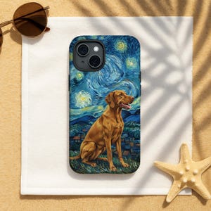 May include: A phone case featuring a Vizsla dog in a painting style reminiscent of Van Gogh's "Starry Night." The case has a blue and yellow starry sky background and a brown dog sitting on a grassy hill.