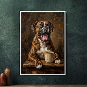 Può includere: Stampa artistica incorniciata di un cane Boxer che sbadiglia con pelo marrone e bianco, appoggiando le zampe su un tavolo di legno. Una tazza di caffè con gocciolature è appoggiata sul tavolo. Lo sfondo ha uno stile pittorico caldo e strutturato.
