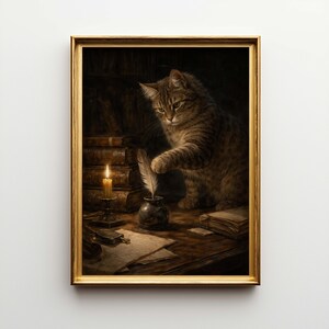 May include: A framed print of a cat at a desk with a quill pen in an inkwell. The cat is brown and gray, with a focused expression. A lit candle and books are also on the desk. The frame is gold.