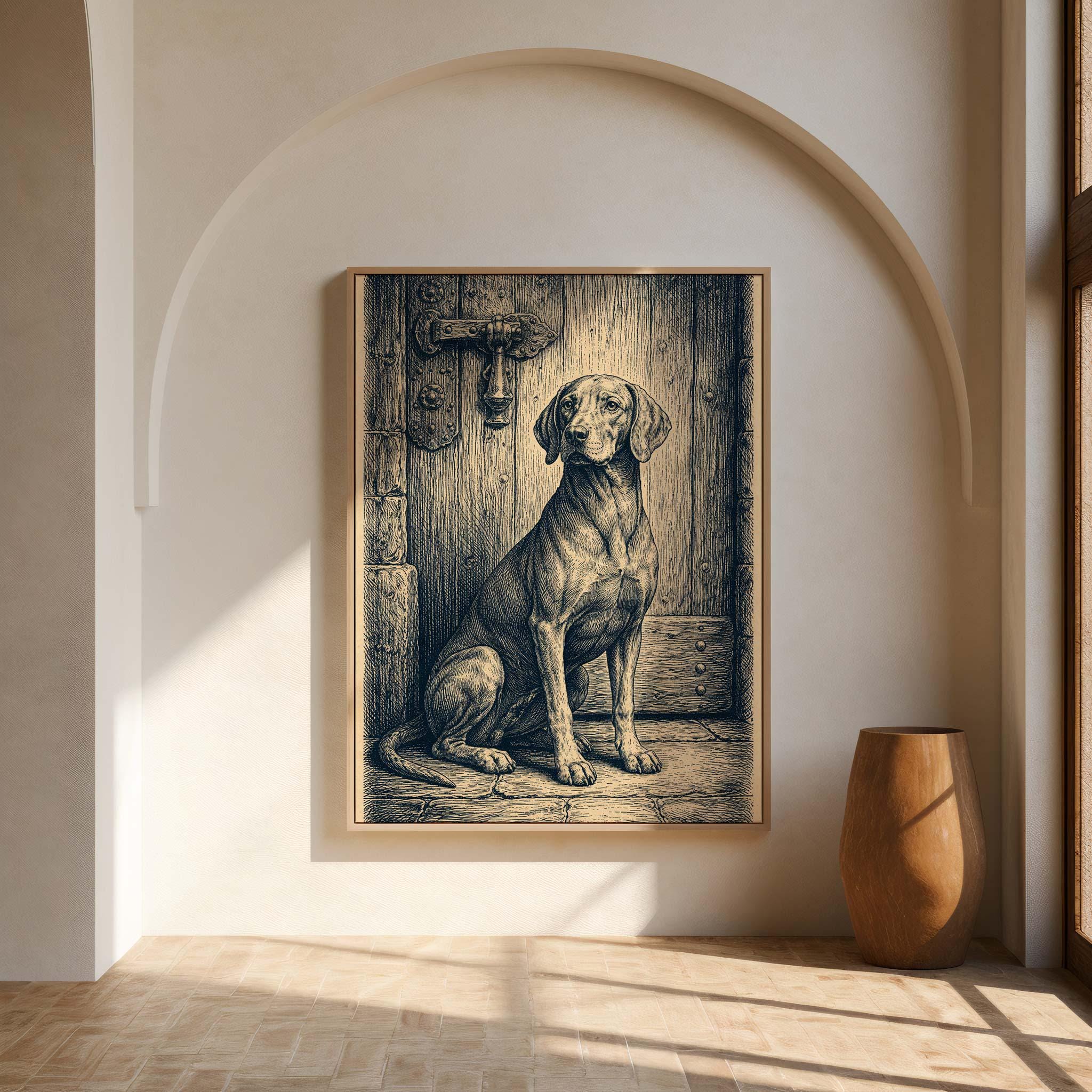 Vizsla Dog Vintage Occult Engraving Blue Ink Etching, Large Poster