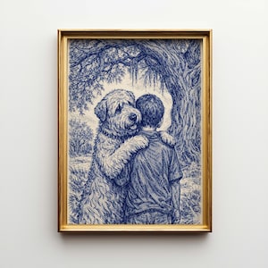 Stor poster och canvasväggkonst med wheaten terrier och pojke, vintagegravyr i blått bläck, stor etsningsillustration av hund