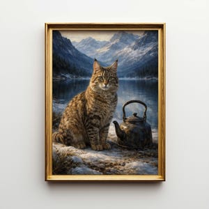 May include: A framed painting depicts a brown tabby cat seated near a lake with mountains in the background. A dark metal teapot sits beside the cat. The artwork is set in a gold-colored frame.