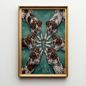 Pode incluir: Pintura emoldurada com sete cães da raça Braco Alemão dispostos em círculo. Os cães têm pelagem manchada marrom e branca, sobre um fundo verde-azulado. A moldura é dourada.