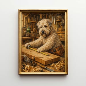 May include: A framed artwork depicts a dog in a workshop setting. The dog, with tan fur, is measuring a wooden plank with a yellow tape measure. Tools and wood shavings surround the dog, suggesting a carpentry theme. The artwork is framed in a gold-colored frame.