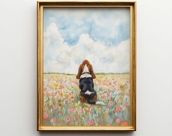 Basset Hound Flower Field Canvas Art - Dog Memorial Poster Gift