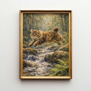 May include: A framed painting depicts a brown tabby cat mid-leap over a stream. The artwork features a gold frame and a detailed forest background with lush greenery and flowing water. The cat's fur is a mix of brown and tan, with green eyes.
