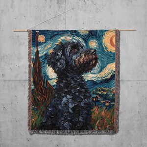 Portuguese Water Dog Starry Night Art - Van Gogh Inspired Woven Blanket, Unique Artistic Decor, Perfect for Dog Lovers