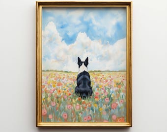 Boston Terrier Flower Field Canvas Art - Dog Memorial Poster Gift
