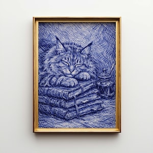 May include: A framed pen and ink drawing of a sleeping cat resting on a stack of books. The artwork is rendered in blue ink, with a gold frame. An inkwell sits beside the books. The cat has its eyes closed.