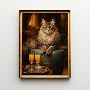 May include: A framed painting of a fluffy cat lounging on a teal ottoman. Two champagne flutes with orange liquid sit on a silver tray in front of the cat. The painting has a gold frame and a vintage aesthetic.