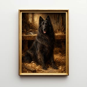 May include: A framed portrait of a black dog with long fur, possibly a Belgian Shepherd, sitting in a wood shop. The dog has its tongue out. The background includes wood shavings and carpentry tools.