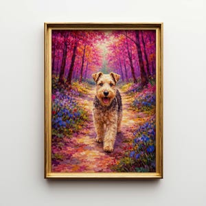 May include: A framed painting of a dog walking towards the viewer on a path through a vibrant forest. The artwork features a golden frame, a dog with tan and black fur, and a colorful landscape with pink and purple trees.