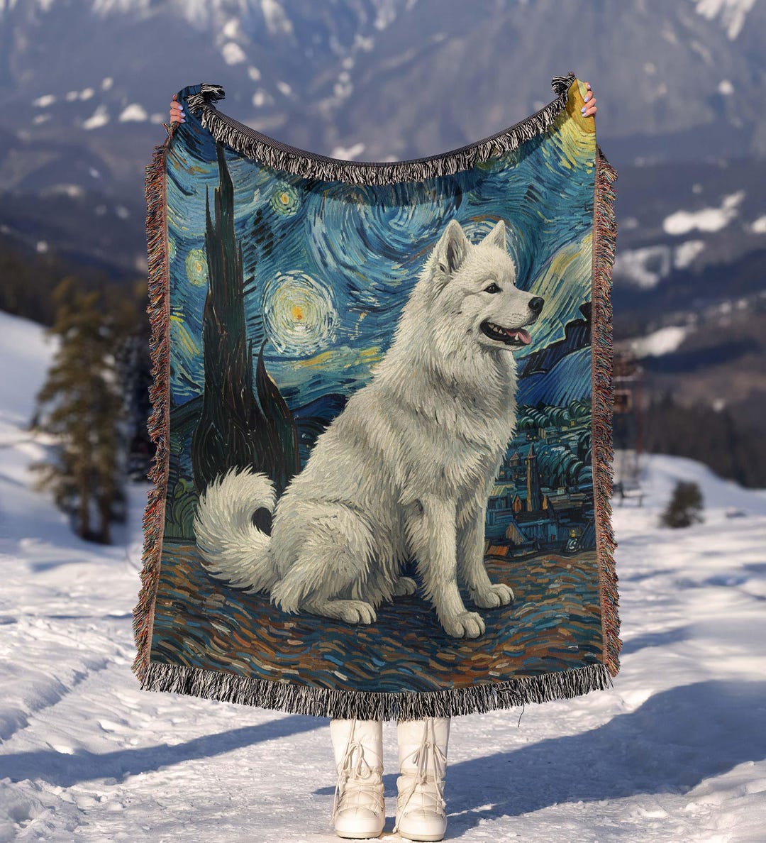 Samoyed Starry Night Art - Van Gogh Inspired Woven Blanket | Unique ...