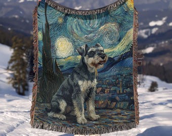 Miniature Schnauzer Starry Night Art - Van Gogh Inspired Woven Blanket | Unique Tapestry Decor | Dog Lovers Gift