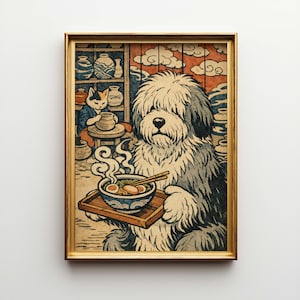 May include: A framed print featuring a dog holding a bowl of ramen on a wooden tray. The illustration has a Japanese aesthetic, with a cat in the background working on pottery. The color palette includes shades of blue, orange, and beige.