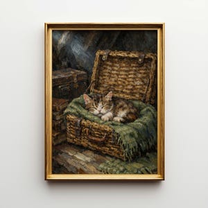 Könnte beinhalten: Gerahmtes Gemälde, das eine Tabby-Katze zeigt, die friedlich in einem offenen Weidenkorb schläft, der mit einer grünen Decke ausgekleidet ist. Das Gemälde hat einen goldenen Rahmen und eine Vintage-Ästhetik.