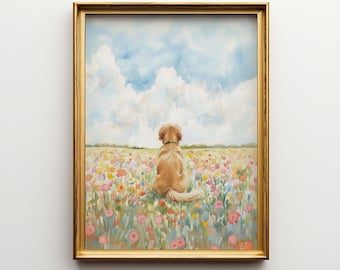 Golden Retriever Flower Field Canvas Art - Dog Memorial Poster Gift