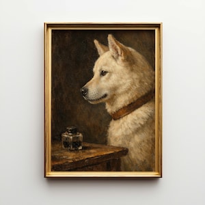 May include: A framed oil painting of a dog with cream-colored fur, wearing a brown collar. The dog is positioned in profile, gazing to the left. A small inkwell sits on a wooden table in the foreground. The painting has a warm, vintage aesthetic.