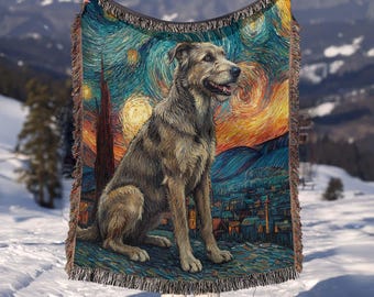 Irish Wolfhound Starry Night Art - Van Gogh Inspired Woven Blanket | Unique Tapestry Decor | Dog Lovers Gift