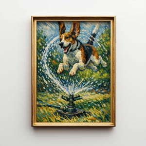 May include: A framed painting depicts a beagle dog leaping through water from a lawn sprinkler. The dog has brown, black, and white fur, with its ears perked up. The artwork uses a textured, impressionistic style with a gold frame.