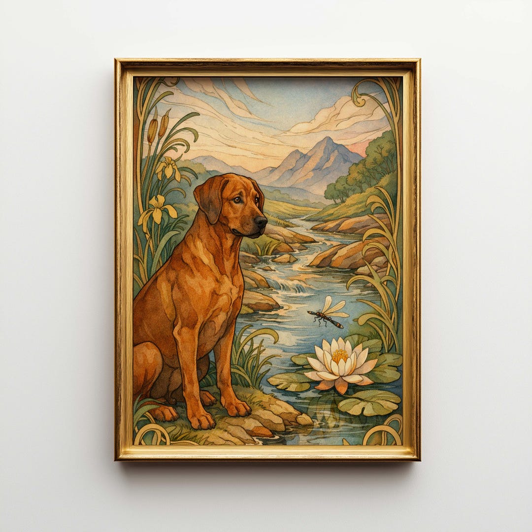 Rhodesian Ridgeback Art Base Art Nouveau Rhodesian Ridgeback Poster and Canvas, Large Dog Wall Art ...