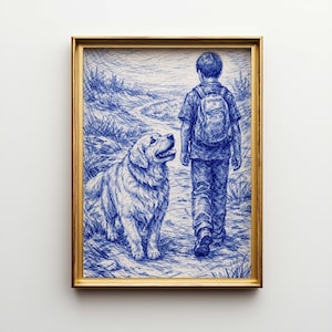 Può includere: Disegno a penna e inchiostro incorniciato, raffigurante un ragazzo con uno zaino e un cane golden retriever su un sentiero. L'opera d'arte è in tonalità blu ed è incorniciata in oro.