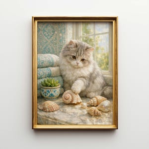 Minuettkattposter och canvasväggkonst, dekorativ badrumsdekor, stor fluffig kattmålning, kustsnäckstematryck