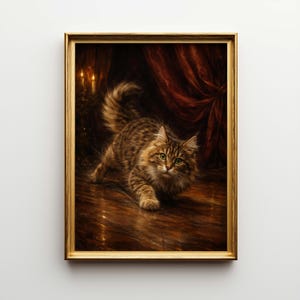 May include: A framed painting of a fluffy cat with brown and tan fur, green eyes, and a long tail. The cat is walking on a wooden floor. The background includes red curtains and candlelight.