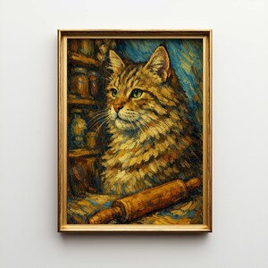 May include: A framed painting of a tabby cat with green eyes, set against a blue and gold background. A wooden rolling pin rests in the foreground. The artwork is in a painterly style, with visible brushstrokes and a warm color palette.