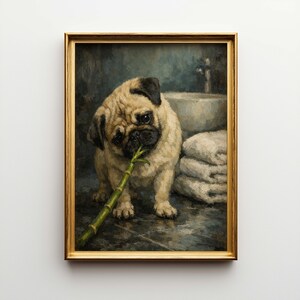May include: A framed painting of a pug dog with a tan coat and black markings, holding a green bamboo stalk in its mouth. The dog is in a bathroom setting with a sink, faucet, and towels. The frame is gold.