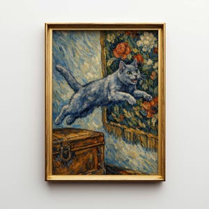 May include: A framed painting depicts a gray cat mid-leap, with a surprised expression. The cat is in front of a floral tapestry and a wooden chest. The painting has a gold frame and is set against a white background.