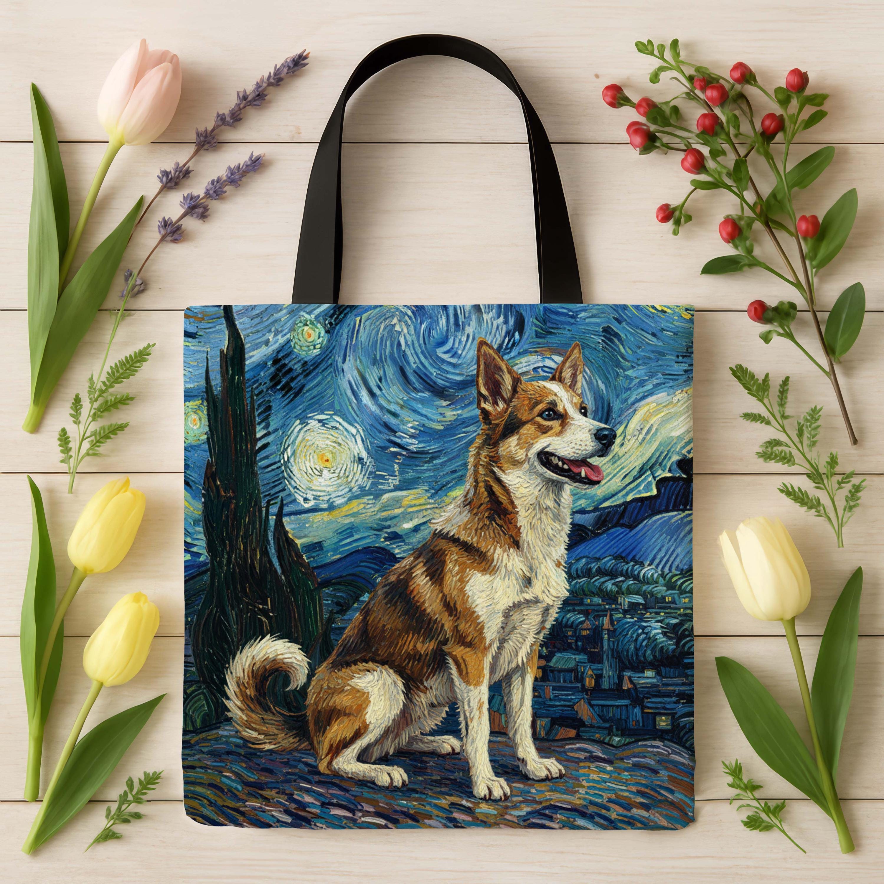 Norwegian Lundehund Starry Night Tote Bag Art Dog Van Gogh