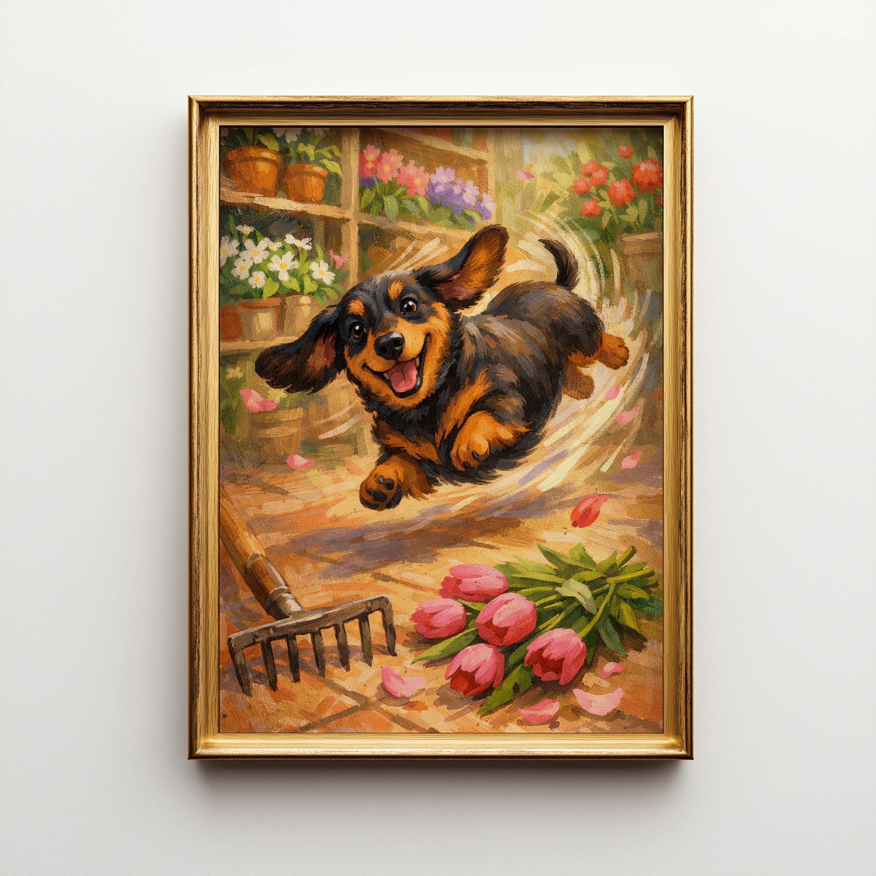 Whimsical Dachshund Dog Zoomies Large Poster and Canvas Wall Art