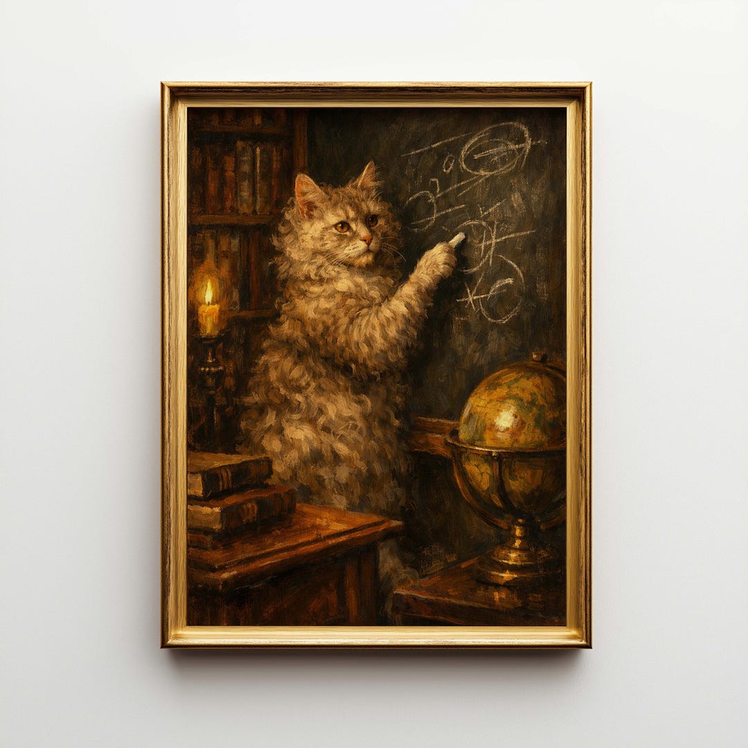 Dark Academia Laperm Cat Painting, Framed Canvas Wall Art, Scholarly ...