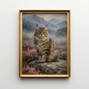 May include: A framed painting of a fluffy tabby cat sitting on a rock, with a mountain landscape in the background. The cat has brown and tan fur and green eyes. The painting is in a gold frame and features pink flowers.