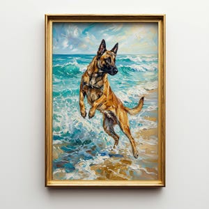 May include: A framed oil painting depicts a brown and black dog leaping through ocean waves. The artwork features a golden frame and a vibrant color palette of blues, greens, and browns, capturing a dynamic beach scene.