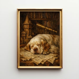 May include: A framed painting depicts a sleeping dog with white and brown fur, resting on old papers. A brass telescope and a detailed castle are in the background. The painting has a gold frame.