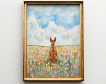 Personalisiertes Poster und Leinwandbild eines Pharaonenhundes mit Blumenfeld | Individuelle Hunde-Wandkunst